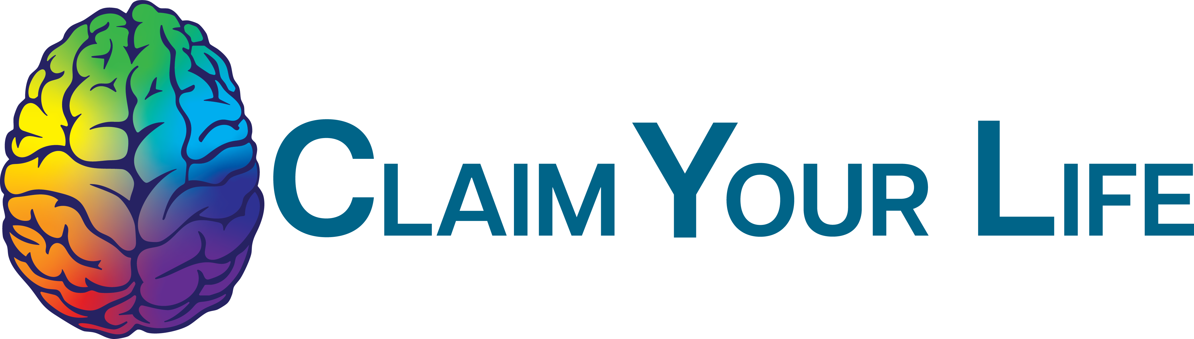 Rainbow-colored brain with the words "Claim Your Life" beside it. Together forms the Claim Your Life logo.